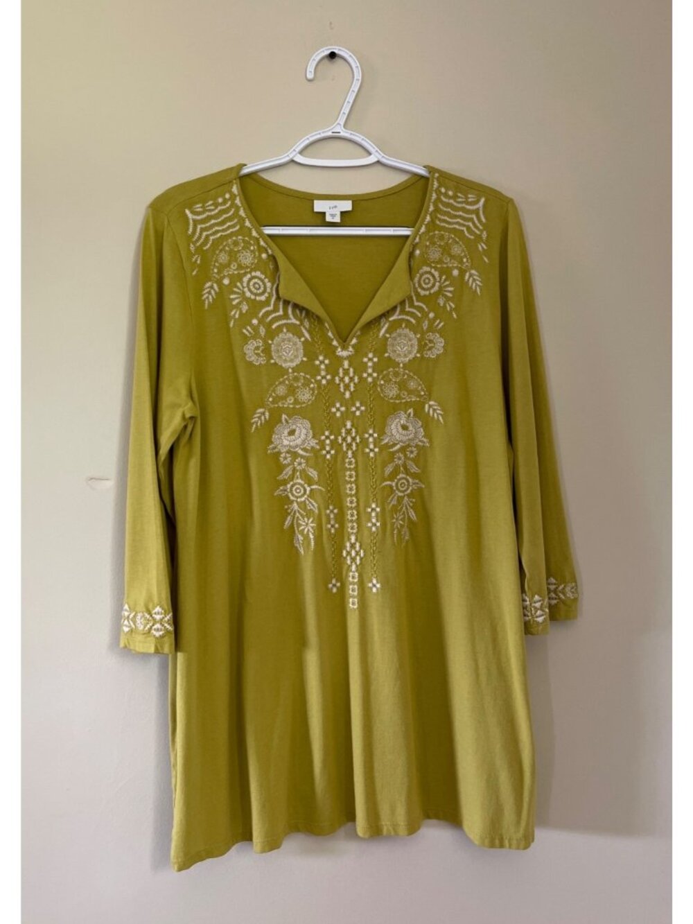 J.Jill Womens Medium Embroidered Mustard 3/4 Sleeve V-Neck Blouse Tunic